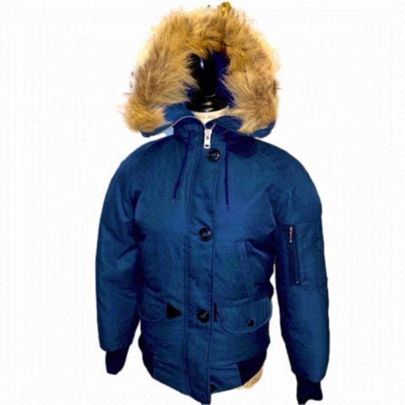 1970’s Canadian Trails Goose Down Coyote Fur Trim Blue Bomber XS / S Vintage - Picture 1 of 16